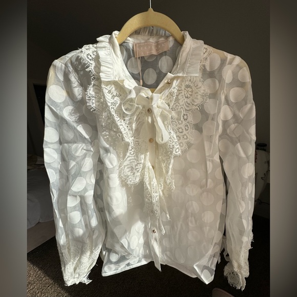 KEEPSAKE THE LABEL white transparent poka dot blouse with lace - Picture 1 of 7